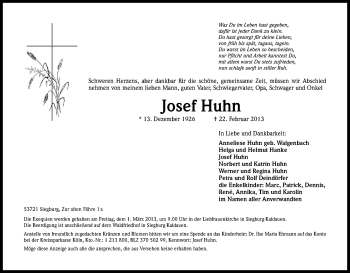Anzeige von Josef Huhn von Kölner Stadt-Anzeiger / Kölnische Rundschau / Express