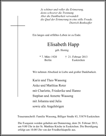 Anzeige von Elisabeth Happ von Kölner Stadt-Anzeiger / Kölnische Rundschau / Express