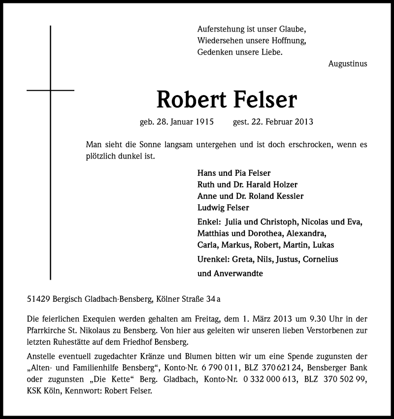  Traueranzeige für Robert Felser vom 26.02.2013 aus Kölner Stadt-Anzeiger / Kölnische Rundschau / Express