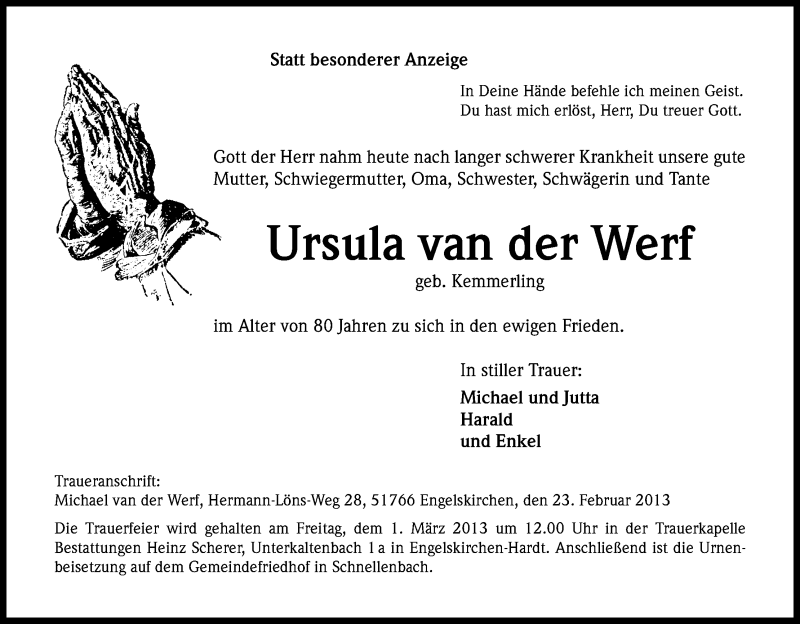  Traueranzeige für Ursula van der Werf vom 26.02.2013 aus Kölner Stadt-Anzeiger / Kölnische Rundschau / Express