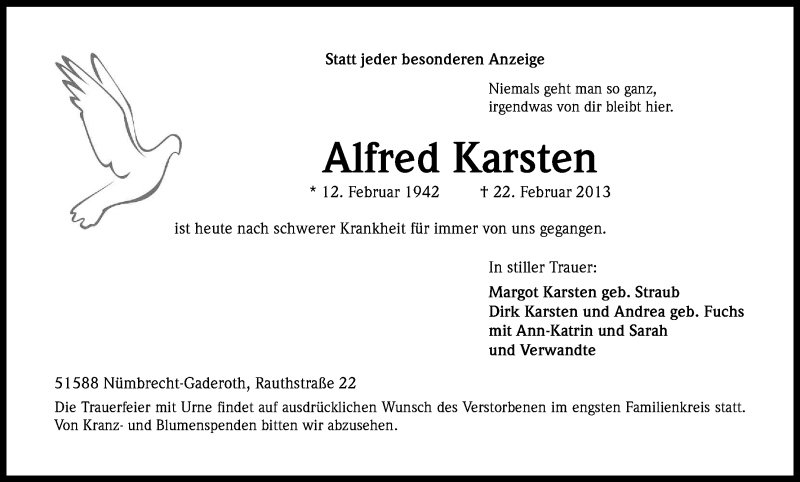  Traueranzeige für Alfred Karsten vom 26.02.2013 aus Kölner Stadt-Anzeiger / Kölnische Rundschau / Express