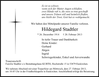 Anzeige von Hildegard Stadtler von Kölner Stadt-Anzeiger / Kölnische Rundschau / Express