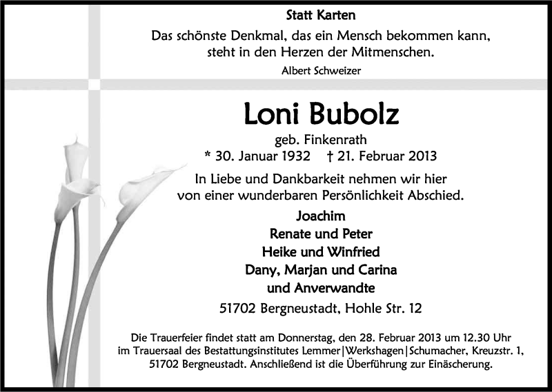  Traueranzeige für Loni Bubolz vom 26.02.2013 aus Kölner Stadt-Anzeiger / Kölnische Rundschau / Express