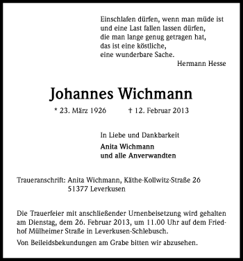 Anzeige von Johannes Wichmann von Kölner Stadt-Anzeiger / Kölnische Rundschau / Express