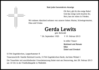 Anzeige von Gerda Lewits von Kölner Stadt-Anzeiger / Kölnische Rundschau / Express