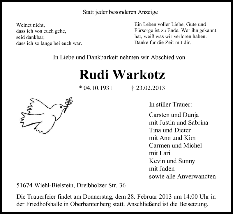  Traueranzeige für Rudi Warkotz vom 26.02.2013 aus Kölner Stadt-Anzeiger / Kölnische Rundschau / Express