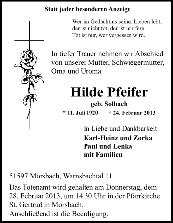 Anzeige von Hilde Pfeifer von Kölner Stadt-Anzeiger / Kölnische Rundschau / Express