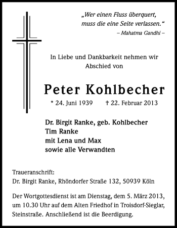 Anzeige von Peter Kohlbecher von Kölner Stadt-Anzeiger / Kölnische Rundschau / Express