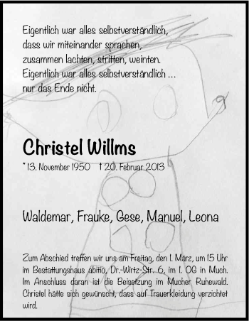 Anzeige von Christel Willms von Kölner Stadt-Anzeiger / Kölnische Rundschau / Express