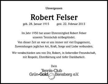 Anzeige von Robert Felser von Kölner Stadt-Anzeiger / Kölnische Rundschau / Express