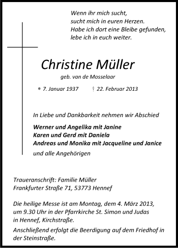 Anzeige von Christine Müller von Kölner Stadt-Anzeiger / Kölnische Rundschau / Express
