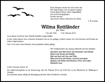Anzeige von Wilma Rottländer von Kölner Stadt-Anzeiger / Kölnische Rundschau / Express