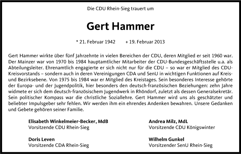  Traueranzeige für Gert Hammer vom 26.02.2013 aus Kölner Stadt-Anzeiger / Kölnische Rundschau / Express