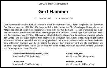 Anzeige von Gert Hammer von Kölner Stadt-Anzeiger / Kölnische Rundschau / Express