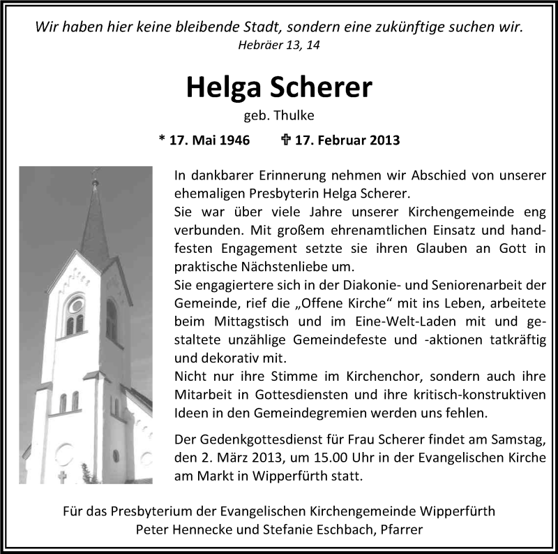  Traueranzeige für Helga Scherer vom 26.02.2013 aus Kölner Stadt-Anzeiger / Kölnische Rundschau / Express