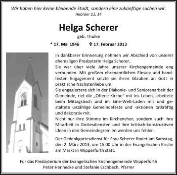 Anzeige von Helga Scherer von Kölner Stadt-Anzeiger / Kölnische Rundschau / Express