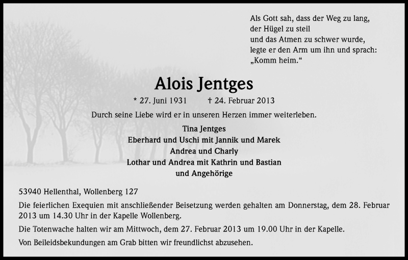  Traueranzeige für Alois Jentges vom 26.02.2013 aus Kölner Stadt-Anzeiger / Kölnische Rundschau / Express
