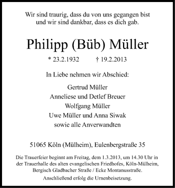 Anzeige von Philipp Müller von Kölner Stadt-Anzeiger / Kölnische Rundschau / Express