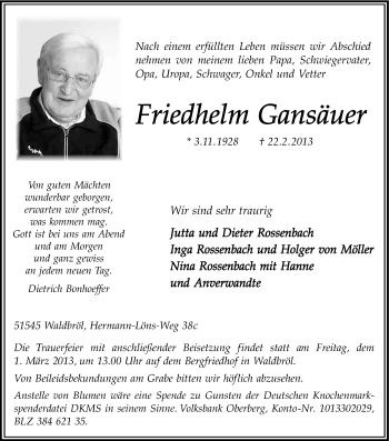 Anzeige von Friedhelm Gansäuer von Kölner Stadt-Anzeiger / Kölnische Rundschau / Express