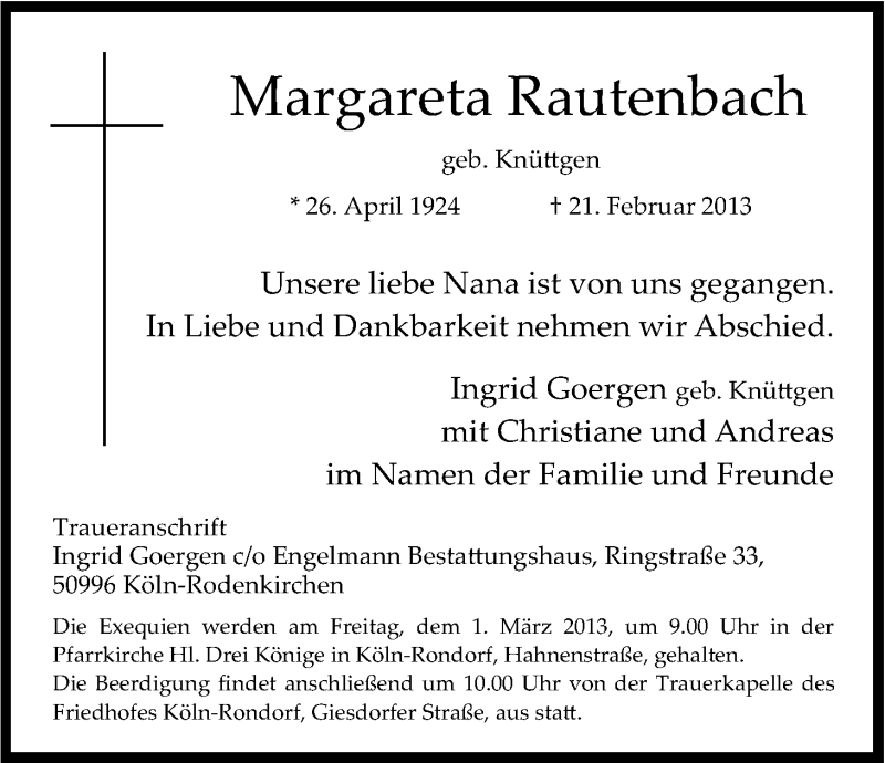  Traueranzeige für Margareta Rautenbach vom 27.02.2013 aus Kölner Stadt-Anzeiger / Kölnische Rundschau / Express