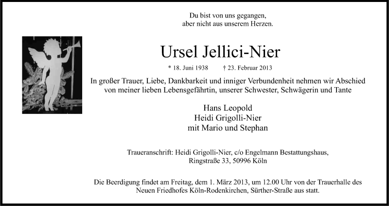  Traueranzeige für Ursel Jellici-Nier vom 27.02.2013 aus Kölner Stadt-Anzeiger / Kölnische Rundschau / Express
