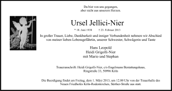 Anzeige von Ursel Jellici-Nier von Kölner Stadt-Anzeiger / Kölnische Rundschau / Express
