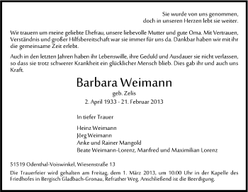Anzeige von Barbara Weimann von Kölner Stadt-Anzeiger / Kölnische Rundschau / Express