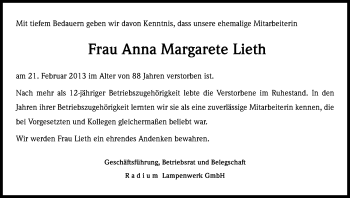 Anzeige von Anna Margarete Lieth von Kölner Stadt-Anzeiger / Kölnische Rundschau / Express