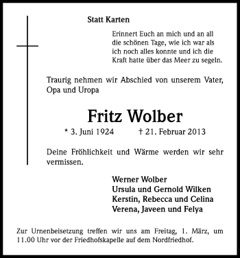 Anzeige von Fritz Wolber von Kölner Stadt-Anzeiger / Kölnische Rundschau / Express