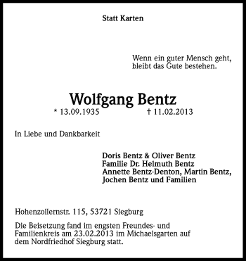 Anzeige von Wolfgang Bentz von Kölner Stadt-Anzeiger / Kölnische Rundschau / Express