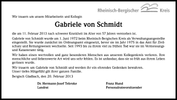 Anzeige von Gabriele von Schmidt von Kölner Stadt-Anzeiger / Kölnische Rundschau / Express
