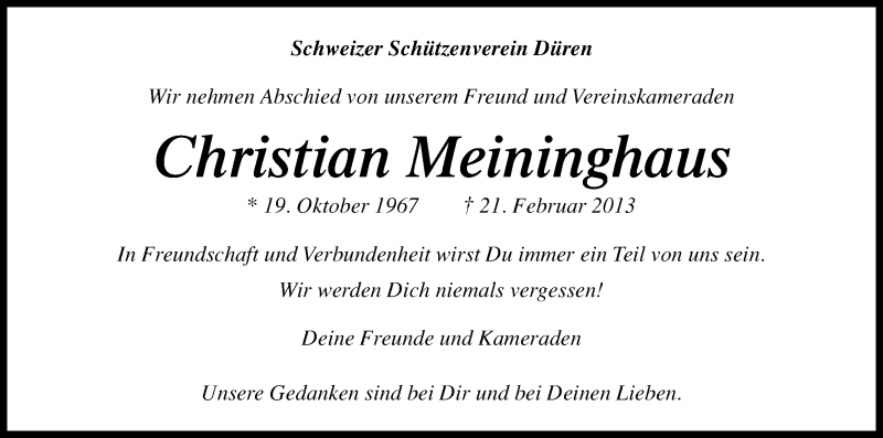  Traueranzeige für Christian Meininghaus vom 27.02.2013 aus Kölner Stadt-Anzeiger / Kölnische Rundschau / Express