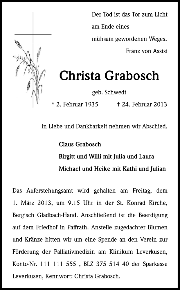  Traueranzeige für Christa Grabosch vom 26.02.2013 aus Kölner Stadt-Anzeiger / Kölnische Rundschau / Express
