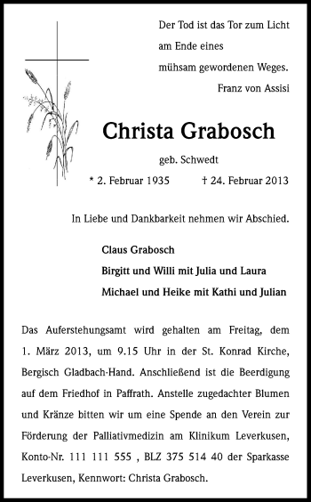 Anzeige von Christa Grabosch von Kölner Stadt-Anzeiger / Kölnische Rundschau / Express