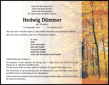 Anzeige von Hedwig Dümmer von Kölner Stadt-Anzeiger / Kölnische Rundschau / Express