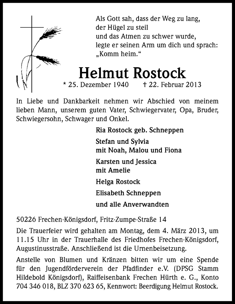  Traueranzeige für Helmut Rostock vom 27.02.2013 aus Kölner Stadt-Anzeiger / Kölnische Rundschau / Express