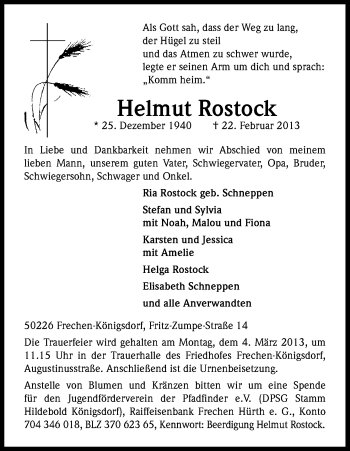 Anzeige von Helmut Rostock von Kölner Stadt-Anzeiger / Kölnische Rundschau / Express