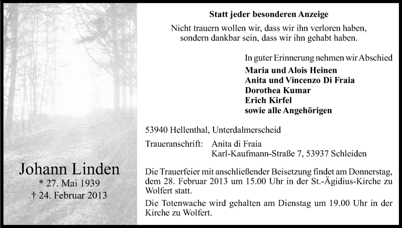  Traueranzeige für Johann Linden vom 26.02.2013 aus Kölner Stadt-Anzeiger / Kölnische Rundschau / Express