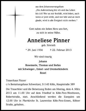 Anzeige von Anneliese Pinner von Kölner Stadt-Anzeiger / Kölnische Rundschau / Express