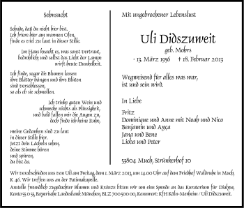 Anzeige von Uli Didszuweit von Kölner Stadt-Anzeiger / Kölnische Rundschau / Express