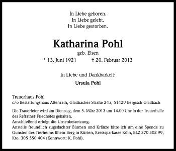 Anzeige von Katharina Pohl von Kölner Stadt-Anzeiger / Kölnische Rundschau / Express