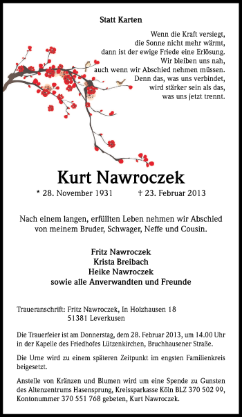 Anzeige von Kurt Nawroczek von Kölner Stadt-Anzeiger / Kölnische Rundschau / Express