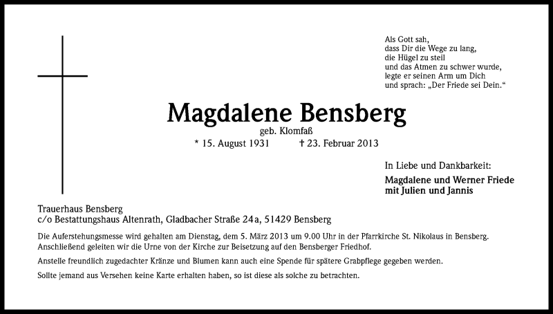  Traueranzeige für Magdalene Bensberg vom 27.02.2013 aus Kölner Stadt-Anzeiger / Kölnische Rundschau / Express