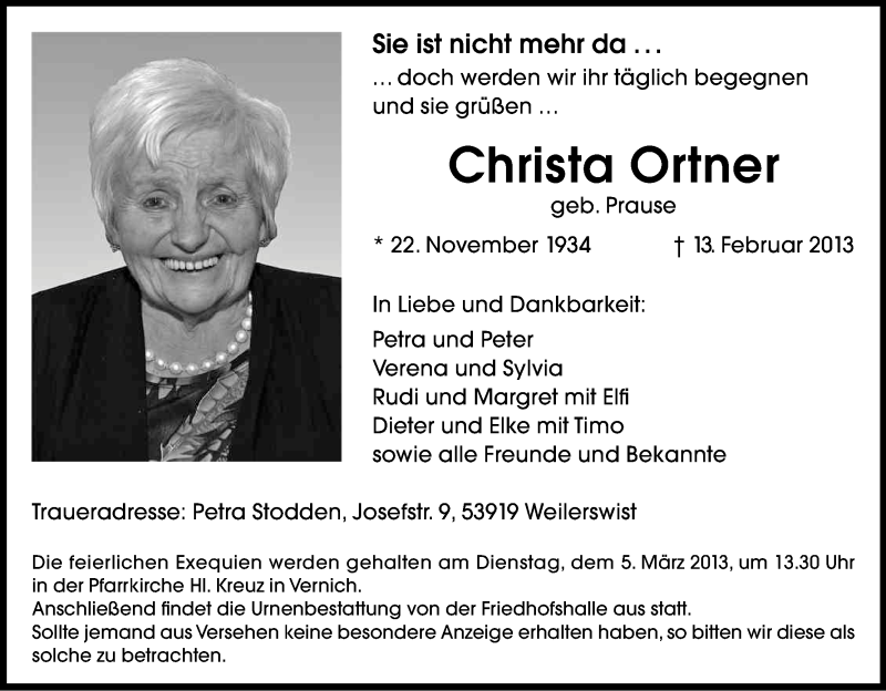  Traueranzeige für Christa Ortner vom 27.02.2013 aus Kölner Stadt-Anzeiger / Kölnische Rundschau / Express