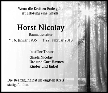 Anzeige von Horst Nicolay von Kölner Stadt-Anzeiger / Kölnische Rundschau / Express