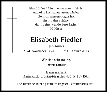 Anzeige von Elisabeth Fiedler von Kölner Stadt-Anzeiger / Kölnische Rundschau / Express