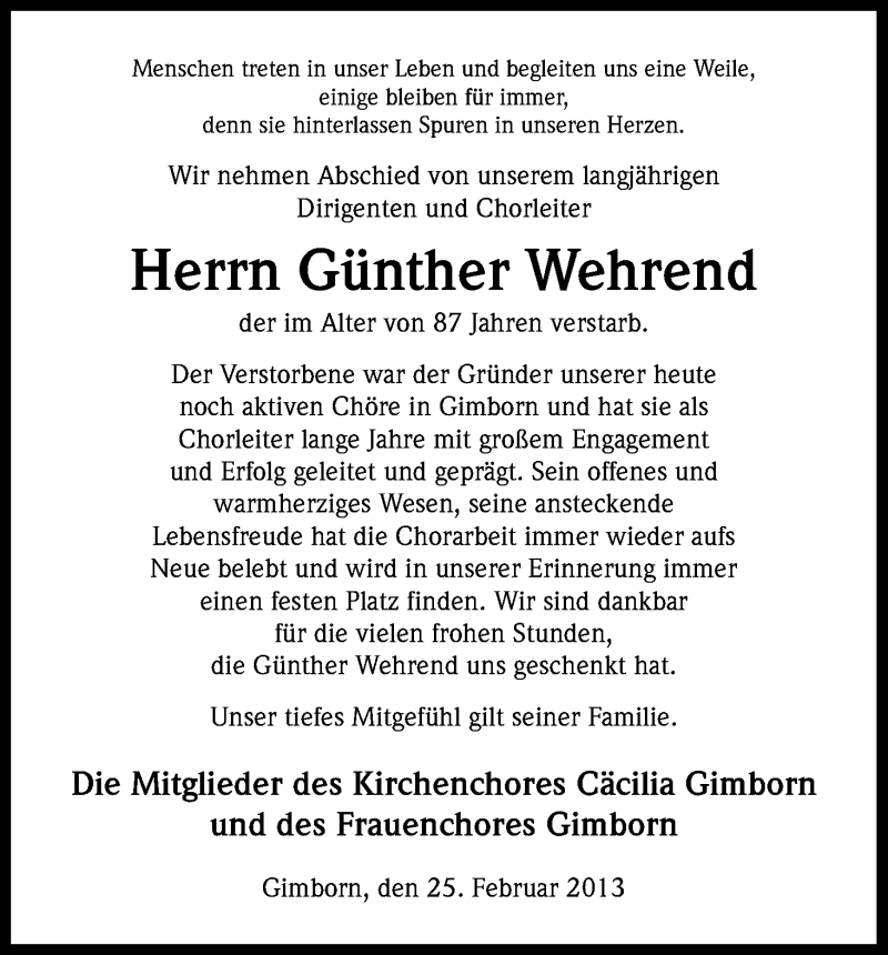  Traueranzeige für Günther Wehrend vom 26.02.2013 aus Kölner Stadt-Anzeiger / Kölnische Rundschau / Express