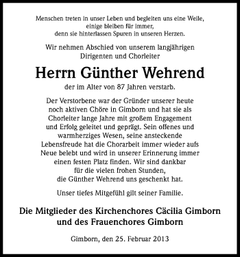 Anzeige von Günther Wehrend von Kölner Stadt-Anzeiger / Kölnische Rundschau / Express