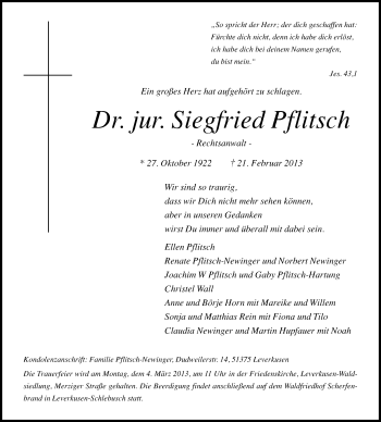 Anzeige von Siegfried Pflitsch von Kölner Stadt-Anzeiger / Kölnische Rundschau / Express
