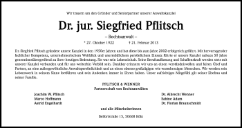 Anzeige von Siegfried Pflitsch von Kölner Stadt-Anzeiger / Kölnische Rundschau / Express